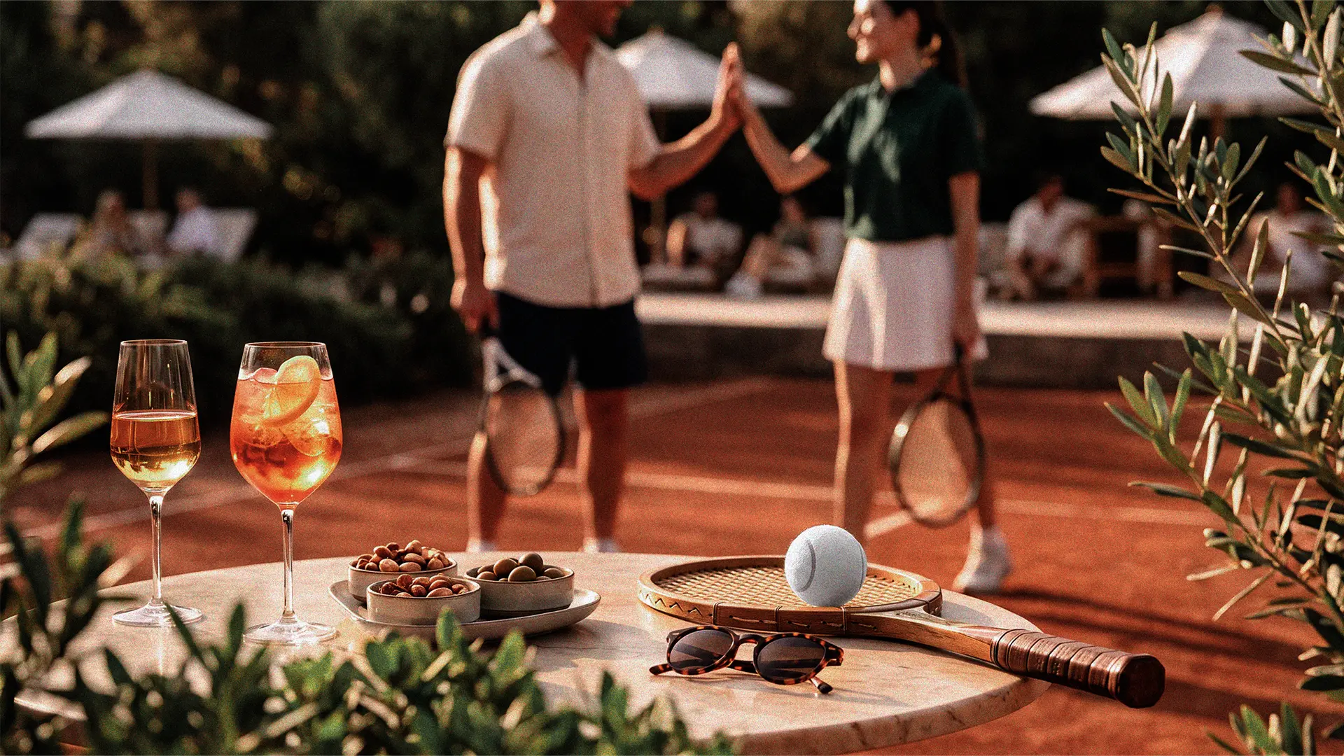 Fim de tarde no clube: mesa com taças e azeitonas à beira da quadra de saibro