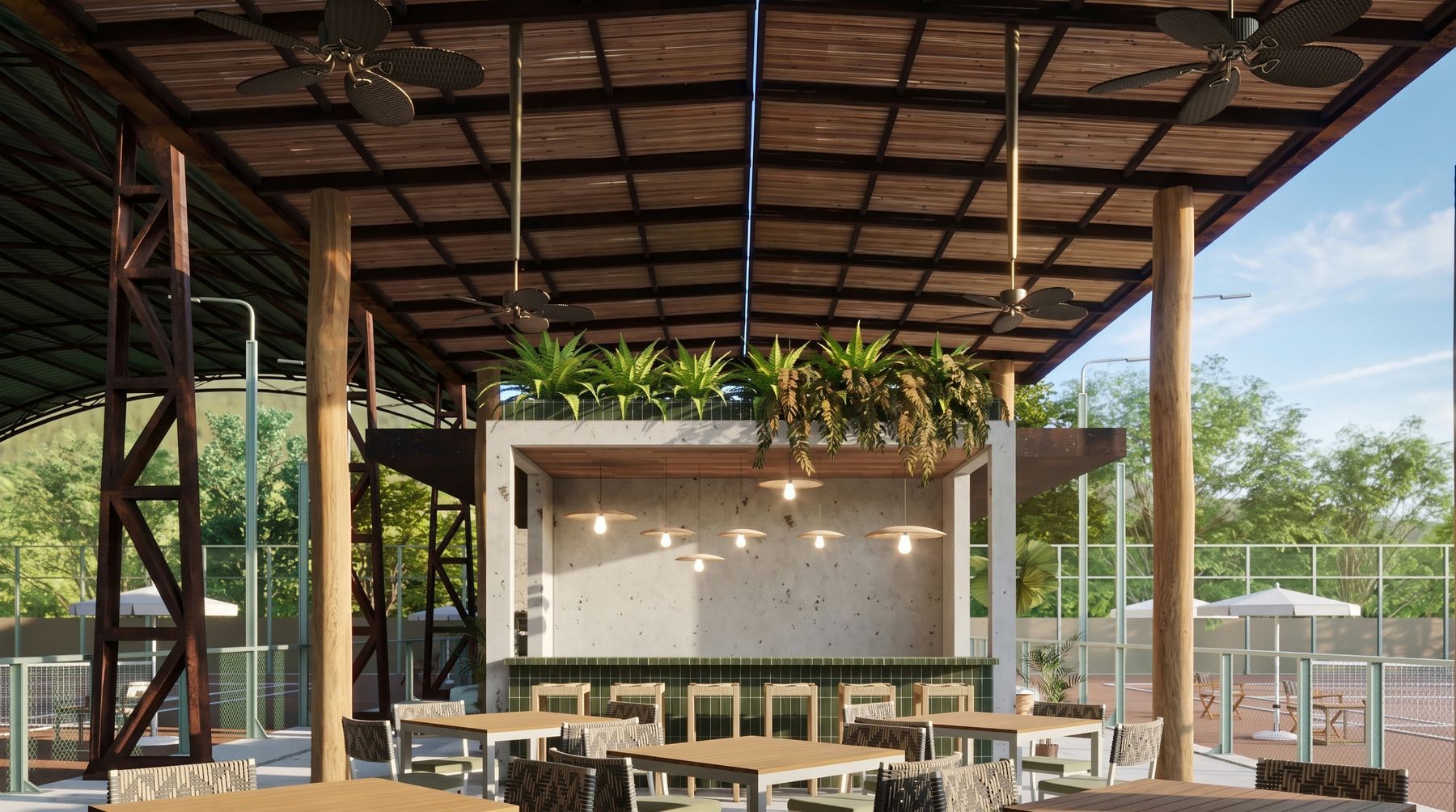 Lounge com balcão de azulejo verde, pendentes e jardim suspenso