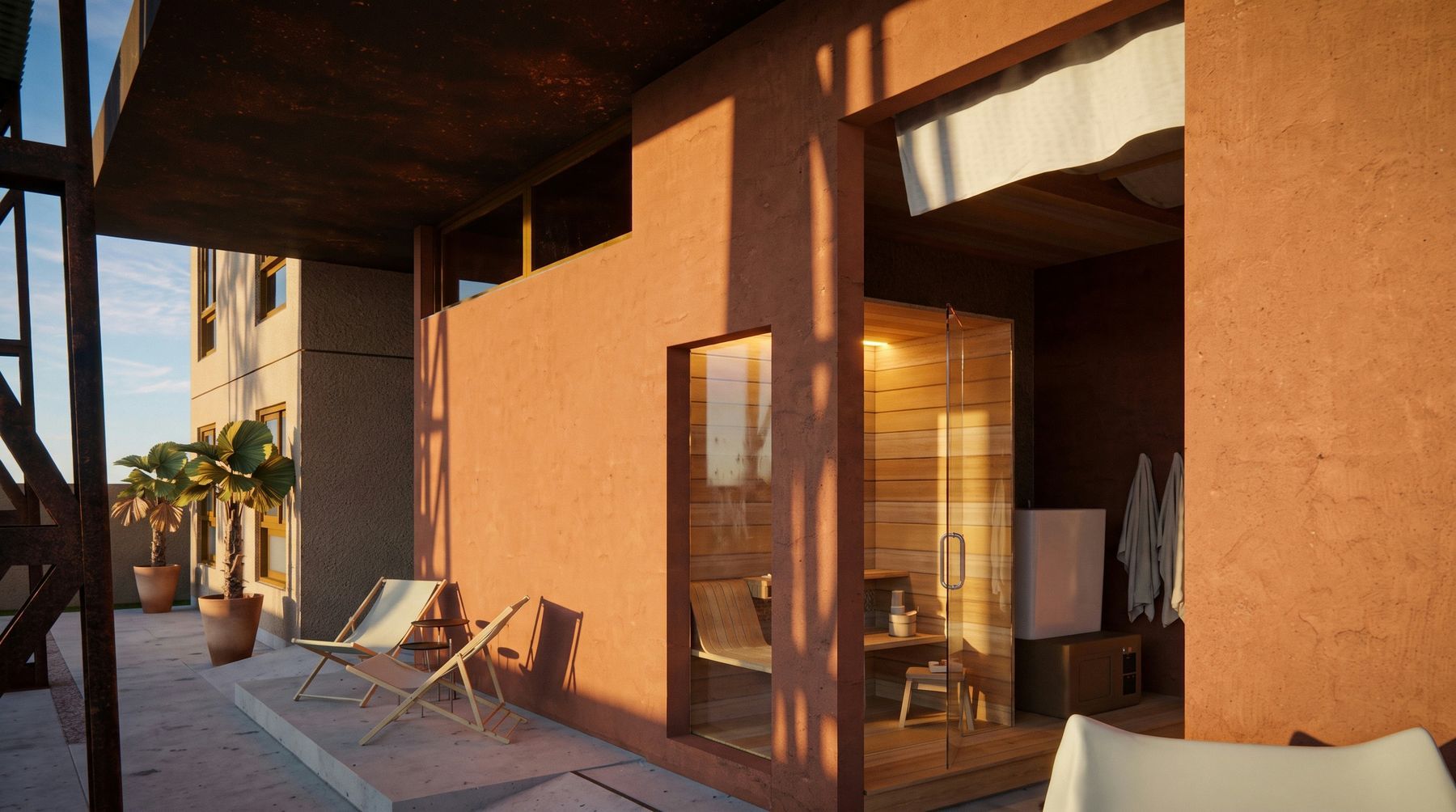 Espaço Recover: sauna de cedro no fim de tarde